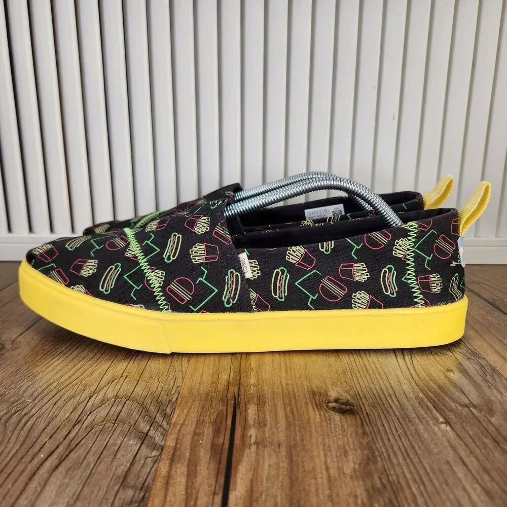 TOMS Venice Late Night Food Print Canvas Mens Size 12 Black Yellow Loafers Shoes